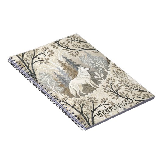 白いオオカミの穏やかな冬の森の風景 ノートブック (右側)