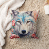 白いオオカミの頭ピンクのバラの野生動物絵を描のバラ クッション (ブランケット)