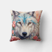 白いオオカミの頭ピンクのバラの野生動物絵を描のバラ クッション (裏面)