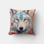 白いオオカミの頭ピンクのバラの野生動物絵を描のバラ クッション (正面)