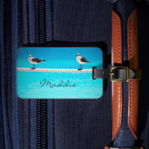 白いカモメの鳥による海写真名前をカスタムする ラゲッジタグ