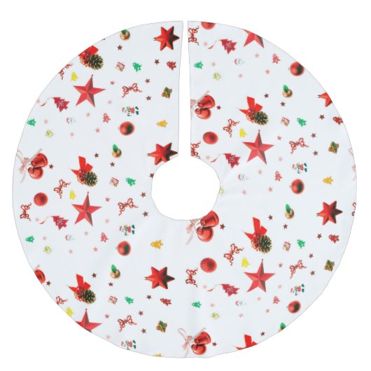 白いカラフルクリスマスオーナメントの混合 ブラッシュドポリエステルツリースカート (正面)