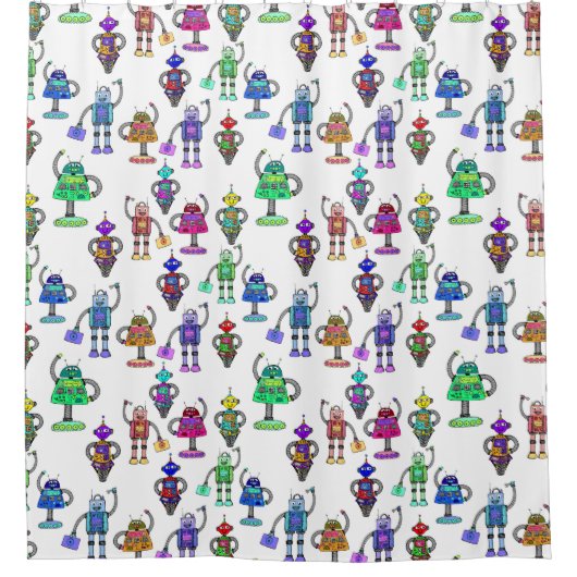 白いカラフル背景に可愛いロボット シャワーカーテン (正面)