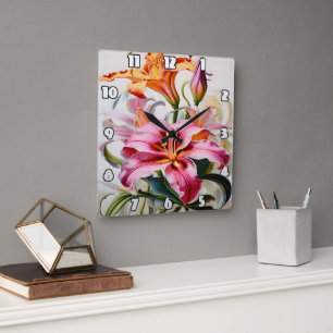 白いカラフル背景のLily開花 スクエア壁時計