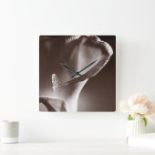 白いカラリリーフラワーブラック スクエア壁時計 (ホーム)