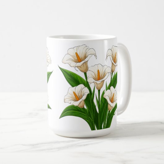 白いカラーの花束と緑の葉 コーヒーマグカップ (正面右)