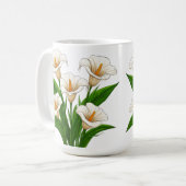 白いカラーの花束と緑の葉 コーヒーマグカップ (正面左)