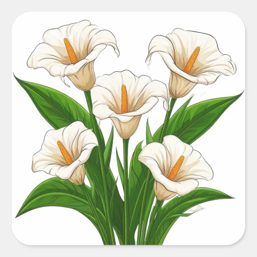 白いカラーの花束と緑の葉 スクエアシール (正面)