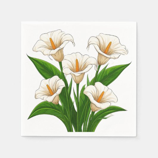 白いカラーの花束と緑の葉 スタンダードカクテルナプキン (正面)
