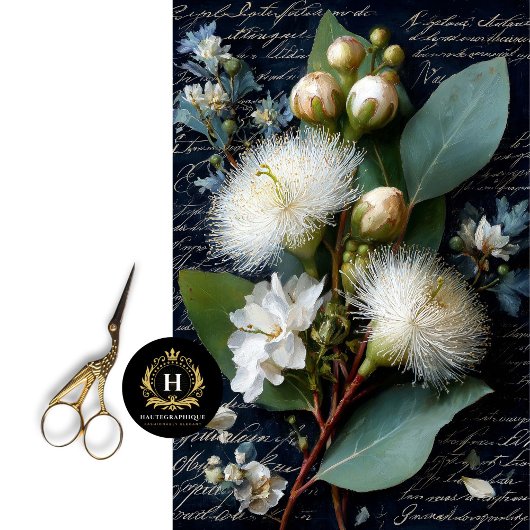 白いガムナッツと青い緑の花のデコページ 薄葉紙