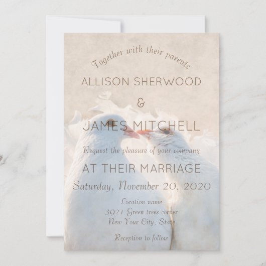 白いキスをするハト二羽 招待状 (正面)