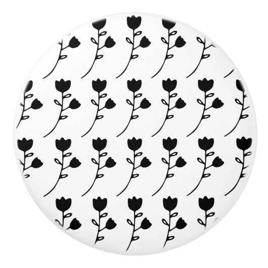 白いキャビネットのノブのカスタムで黒い花 セラミックノブ (正面)