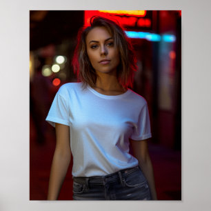 白いギラン空白のドTシャツを着た女性モデル ポスター