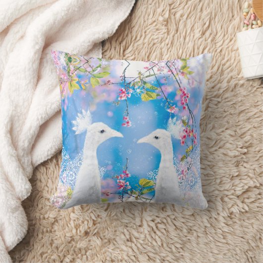 白いクジャクと咲く桜/ロマンチックな愛 クッション (ブランケット)