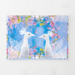 白いクジャクと咲く桜/ロマンチックな愛 三つ折りカード