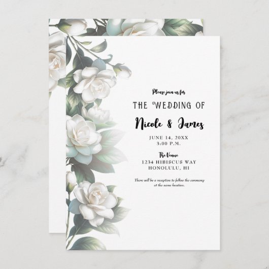 白いクチナシエレガントアの花結婚フローラ 招待状 (正面/裏面)