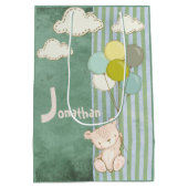 白いクマのバルーン緑のかわいいストライプ子たち ミディアムペーパーバッグ (裏面)