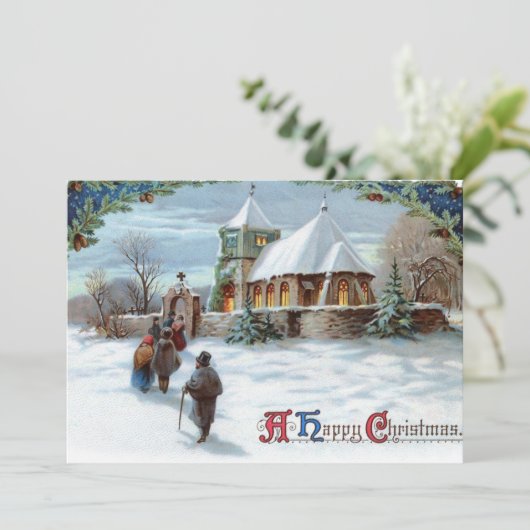 白いクリスマスに教会に向かうヴィンテージ シーズンカード (スタンド正面)