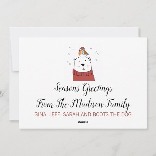 白いクリスマスのクマとサンタの鳥 シーズンカード (裏面)