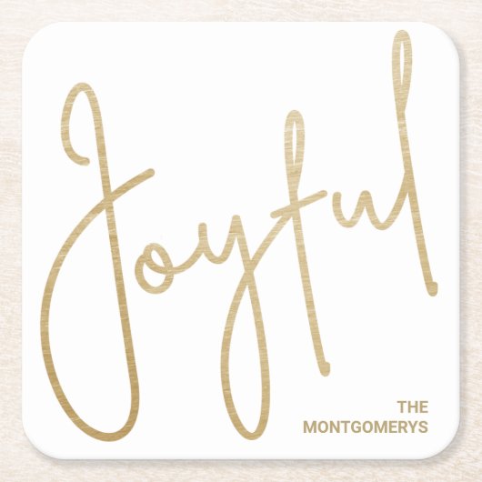 白いクリスマスのゴールドJOYFUL スクエアペーパーコースター (正面)