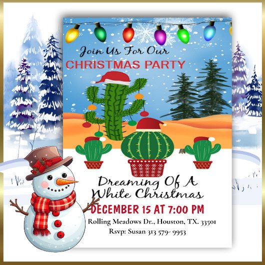白いクリスマスのサボテン夢を見るパーティー 招待状