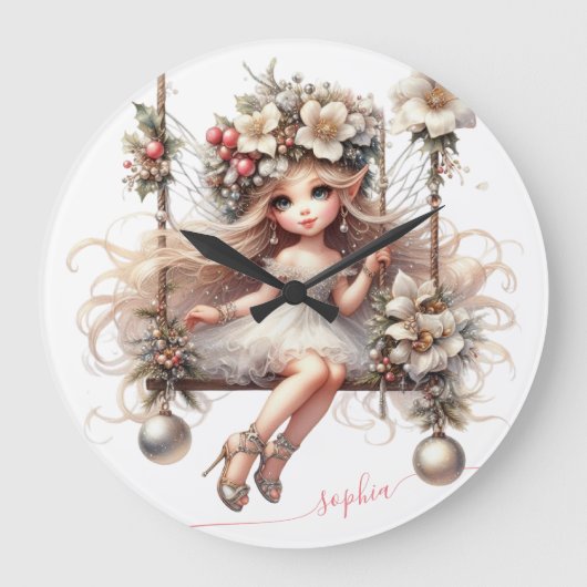 白いクリスマスの妖精 ラージ壁時計 (正面)