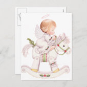 白いクリスマスの木馬にかわいい天使 シーズンポストカード (正面/裏面)