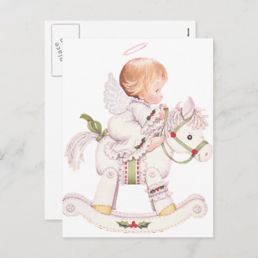 白いクリスマスの木馬にかわいい天使 シーズンポストカード (正面/裏面)