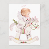 白いクリスマスの木馬にかわいい天使 シーズンポストカード (正面)