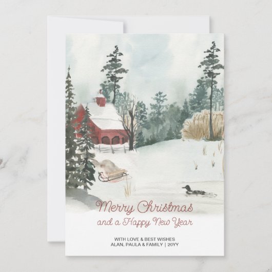 白いクリスマスの水彩冬の風景 シーズンカード (正面)