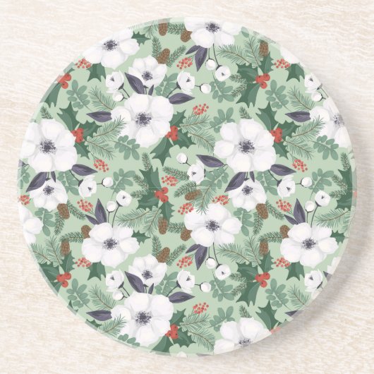 白いクリスマスの花と赤い果実のパターン コースター (正面)