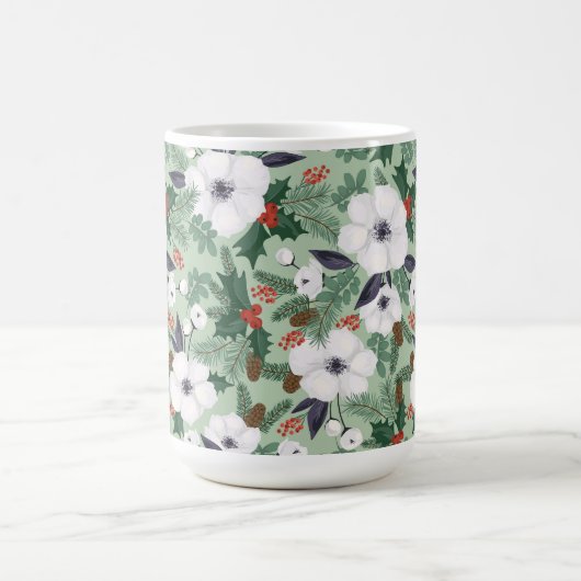 白いクリスマスの花と赤い果実のパターン コーヒーマグカップ (中央)