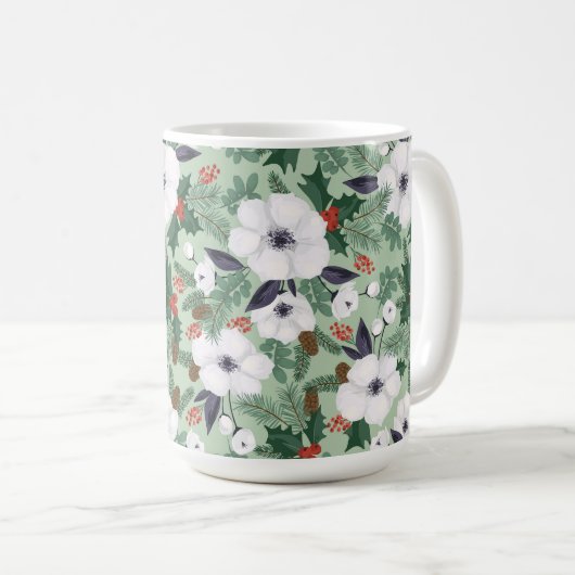 白いクリスマスの花と赤い果実のパターン コーヒーマグカップ (正面右)