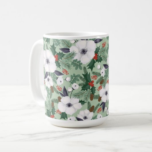 白いクリスマスの花と赤い果実のパターン コーヒーマグカップ (正面左)
