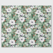 白いクリスマスの花と赤い果実のパターン ラッピングペーパー (フラット)