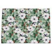 白いクリスマスの花と赤い果実のパターン ラージペーパーバッグ (正面)
