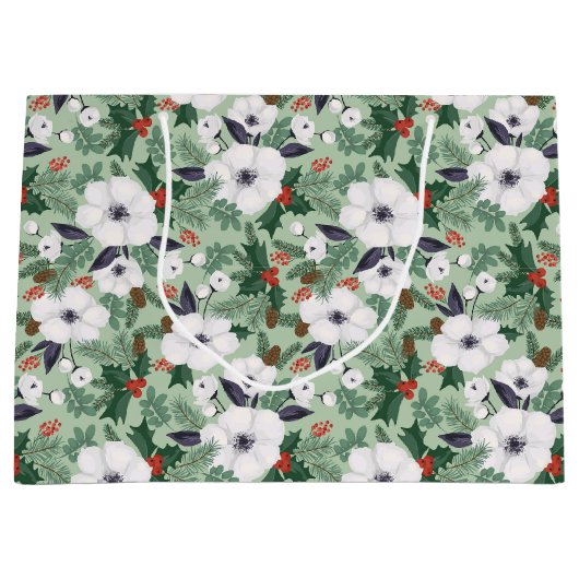 白いクリスマスの花と赤い果実のパターン ラージペーパーバッグ (正面)