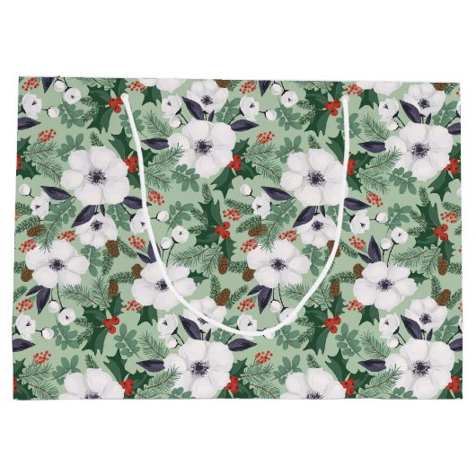 白いクリスマスの花と赤い果実のパターン ラージペーパーバッグ (裏面)