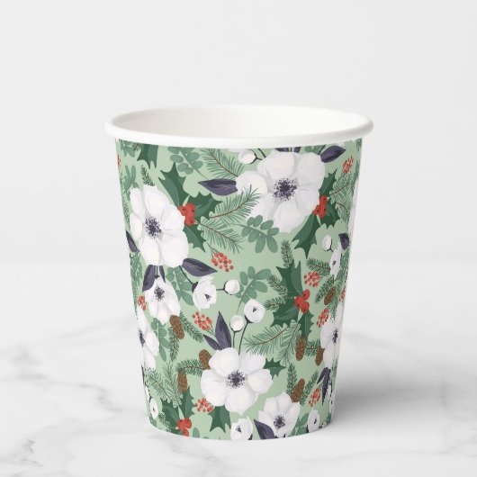 白いクリスマスの花と赤い果実のパターン 紙コップ (裏面)