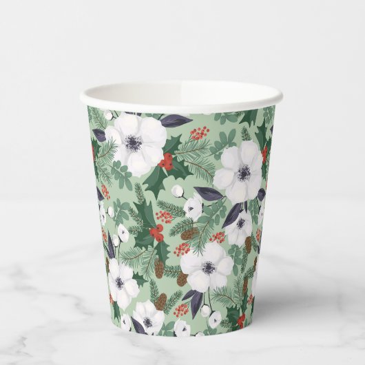 白いクリスマスの花と赤い果実のパターン 紙コップ (左)