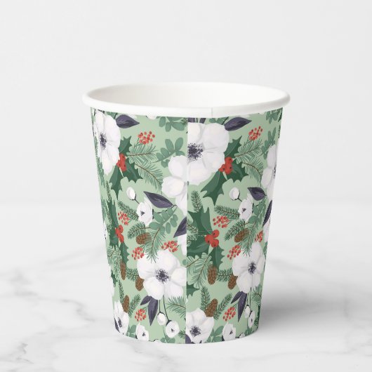 白いクリスマスの花と赤い果実のパターン 紙コップ (右)