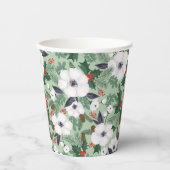 白いクリスマスの花と赤い果実のパターン 紙コップ (正面)