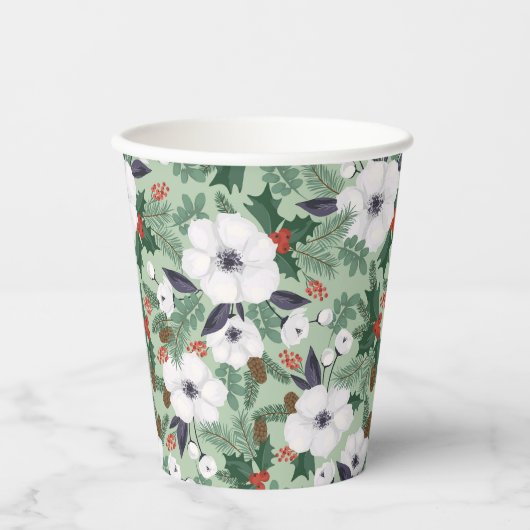 白いクリスマスの花と赤い果実のパターン 紙コップ (正面)