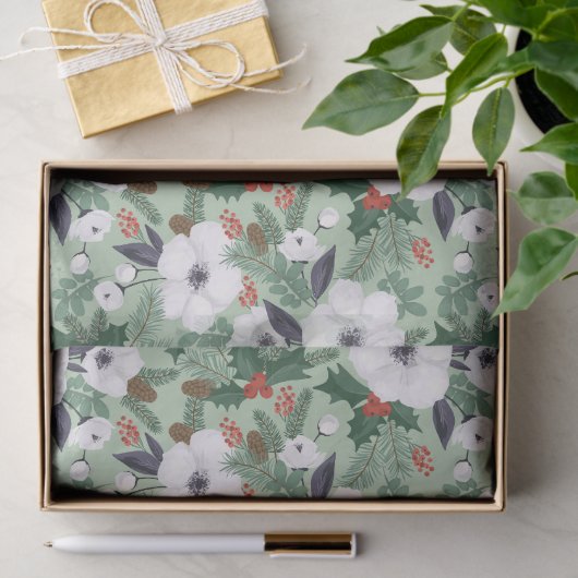 白いクリスマスの花と赤い果実のパターン 薄葉紙 (ギフト)