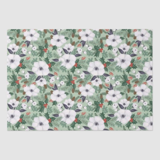 白いクリスマスの花と赤い果実のパターン 薄葉紙 (正面)