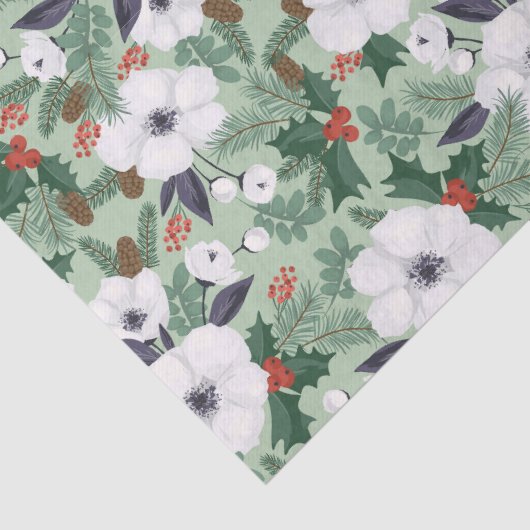 白いクリスマスの花と赤い果実のパターン 薄葉紙 (詳細)