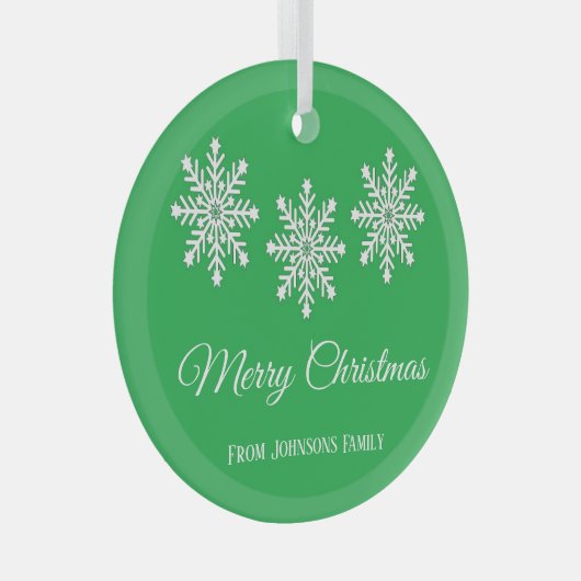 白いクリスマスの雪の結晶メリークリスマスグリーン ガラスオーナメント (正面右)