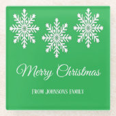 白いクリスマスの雪の結晶メリークリスマスグリーン ガラスコースター (正面)
