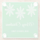 白いクリスマスの雪の結晶メリークリスマスグリーン ガラスコースター (裏面)