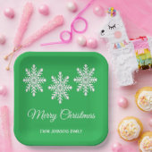 白いクリスマスの雪の結晶メリークリスマスグリーン ペーパープレート (パーティー)